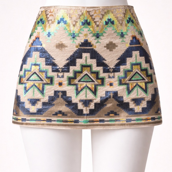 Express Dresses & Skirts - Express Beige Mini Skirt with Navy, Green and Gold Sequin Embroidery